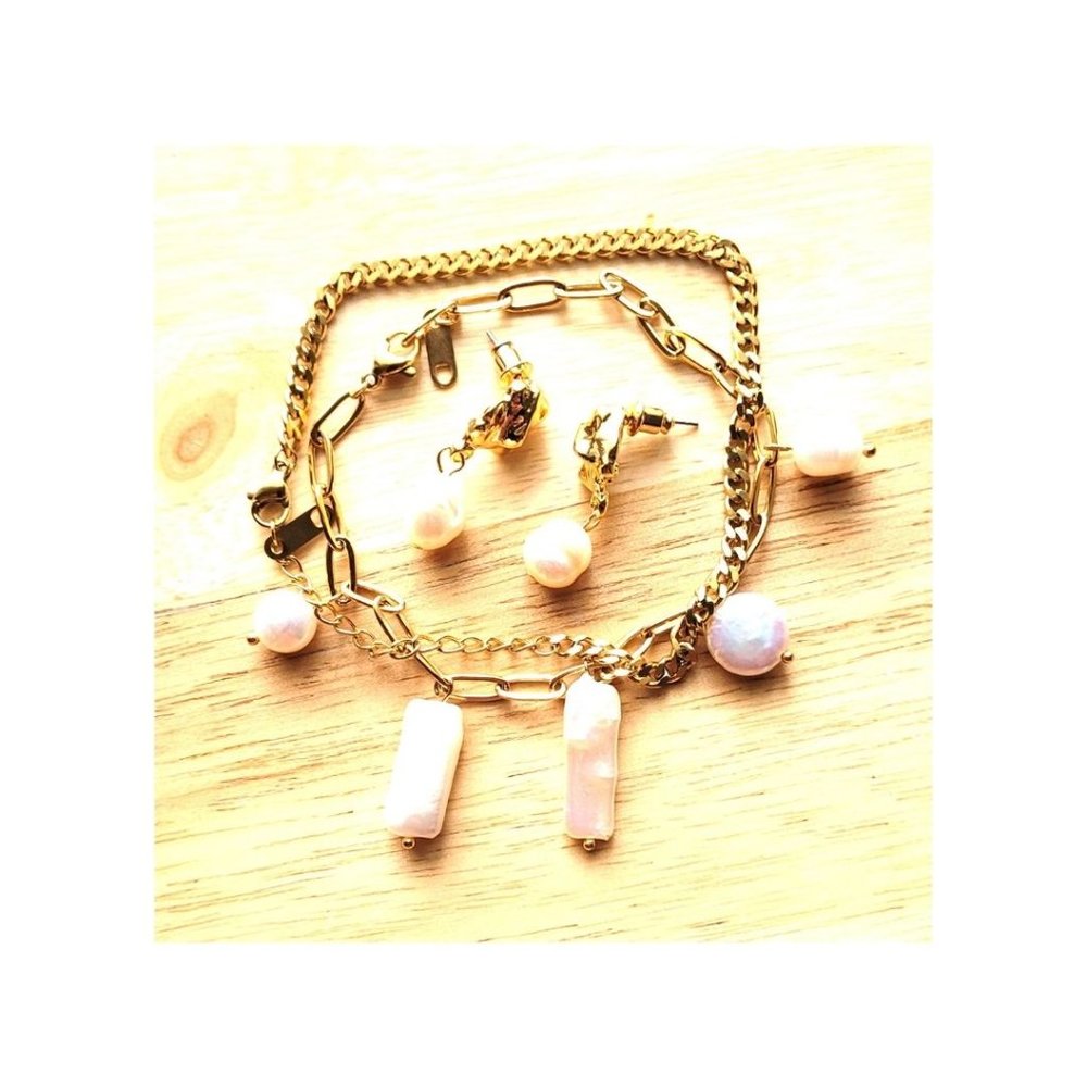 New 3Pcs Set Bracelets Dangle Earrings Natural Pearls Yellow Gold Plated Women's